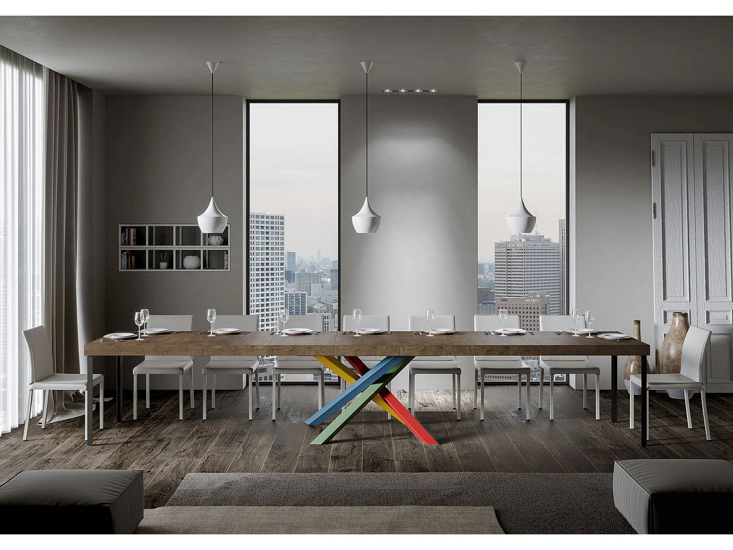 Udtræksbord 130/390x90 cm Volantis Premium valnød flerfarvede ben 4/B