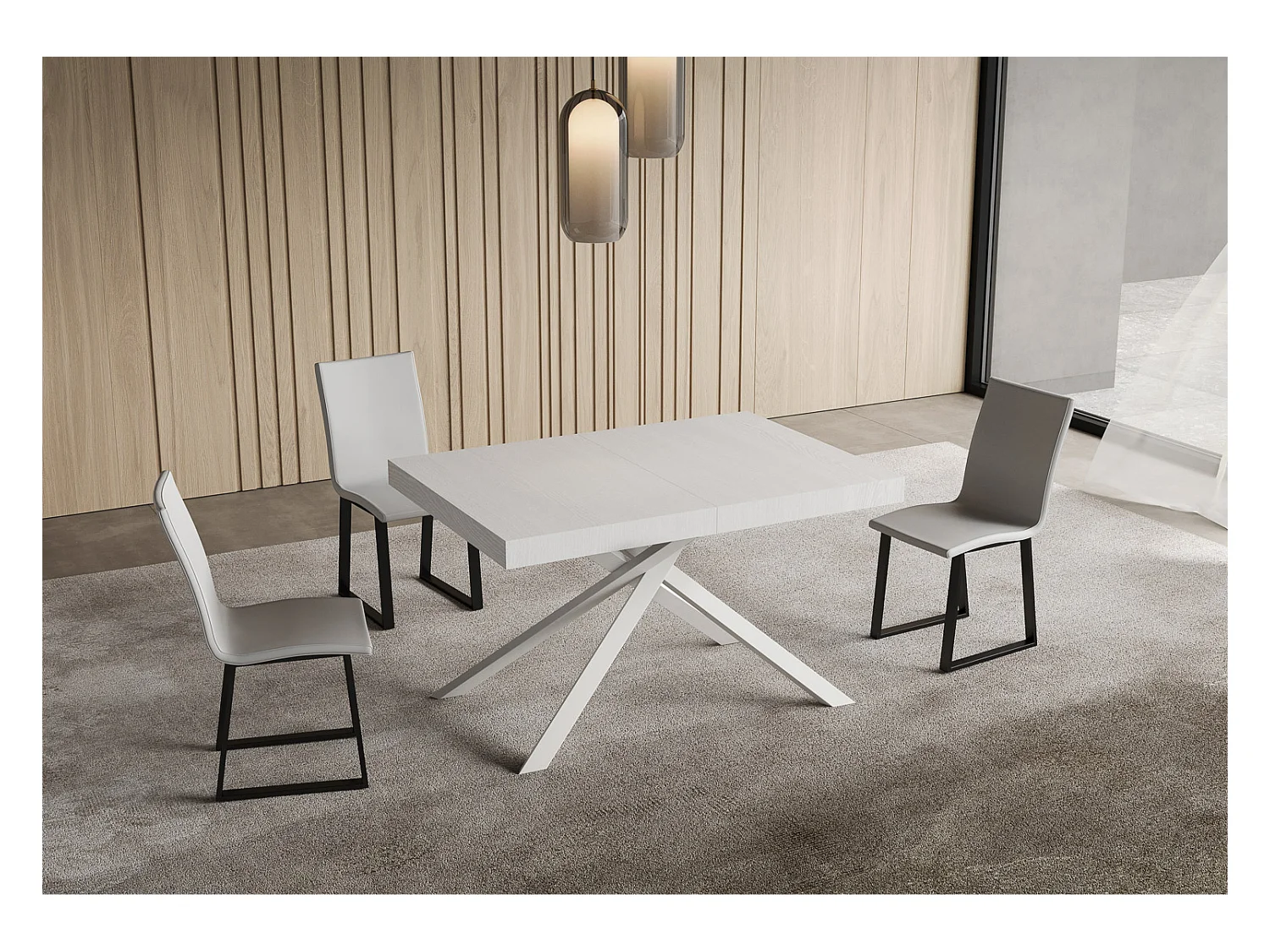 Niket ausziehbarer Tisch 120/224x90 cm, Esche weiß mit weißen Beinen