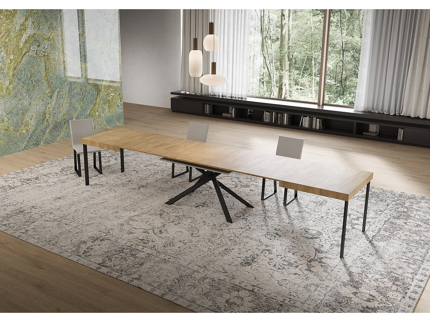 Stół rozkładany Niket 160/420x90 cm dąb naturalny z nogami w kolorze antracytowym