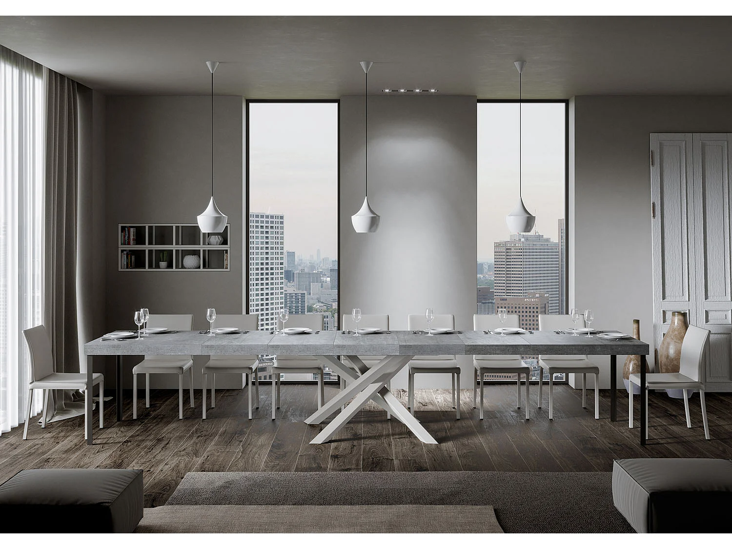 Volantis Premium ausziehbarer Betontisch 180/440x90 cm mit weißen Beinen