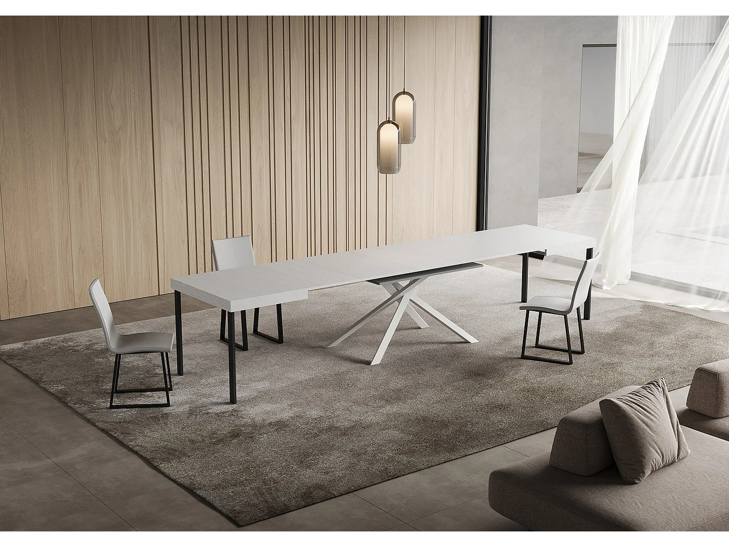 Niket ausziehbarer Tisch 120/380x90 cm, Esche weiß mit weißen Beinen