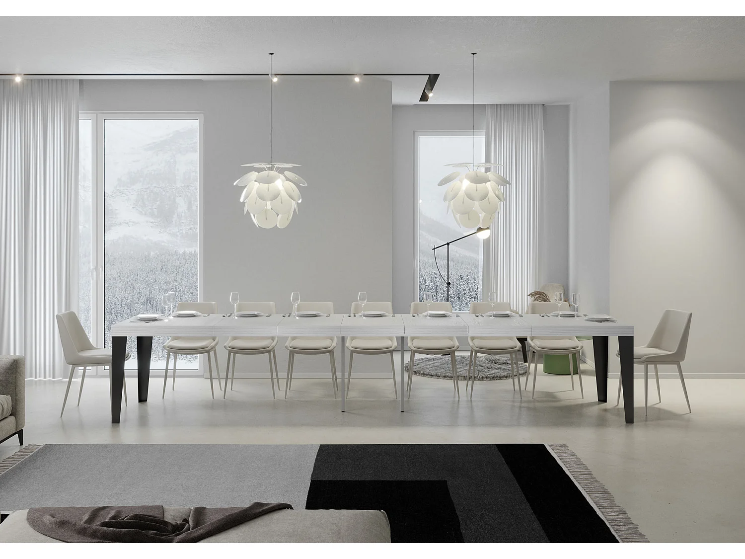 Ausziehtisch 130/390x90 cm Flame Premium Esche weiß mit anthrazitfarbenen Beinen