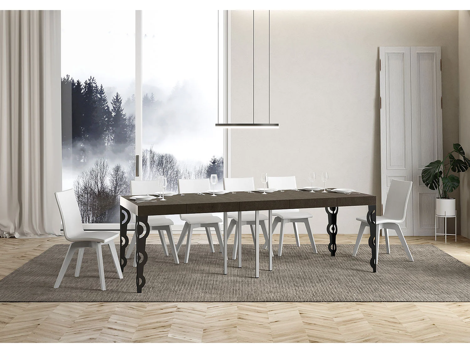 Mesa extensible 90x90/246 cm Karamay Premium gris paloma patas antracita