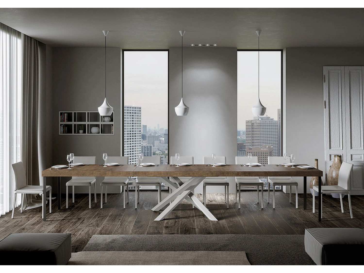 Volantis Premium Walnuss-Ausziehtisch 160/420x90 cm mit weißen Beinen