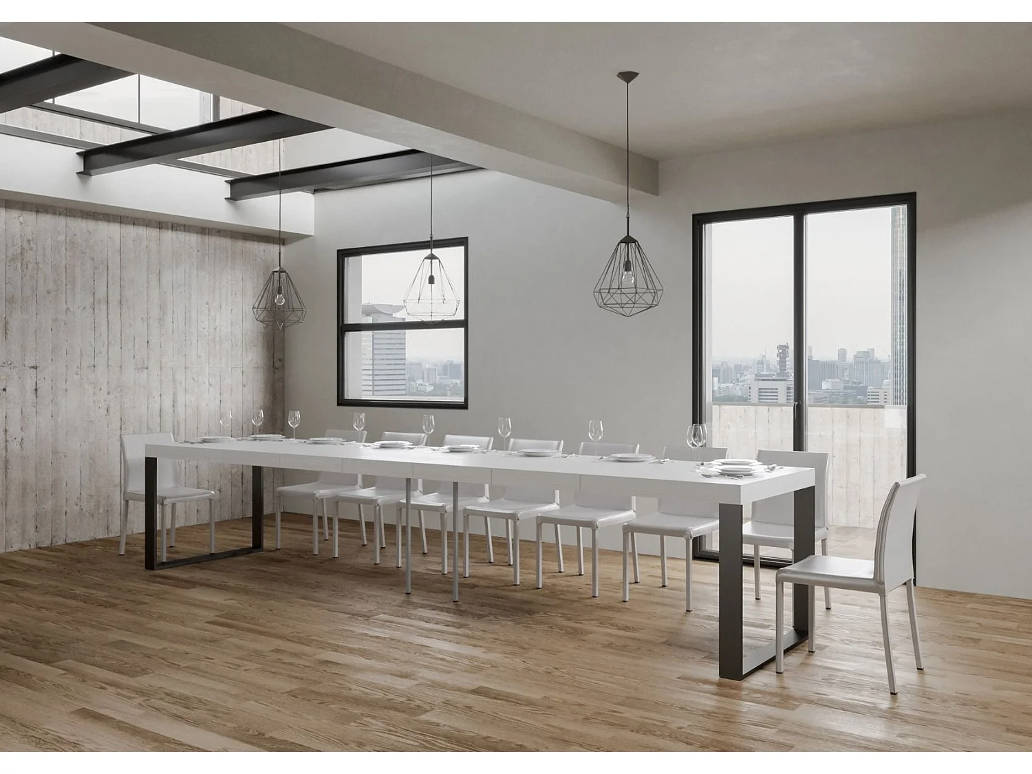 Ausziehtisch 200/460x90 cm Tecno Premium Esche weiß mit anthrazitfarbenen Beinen