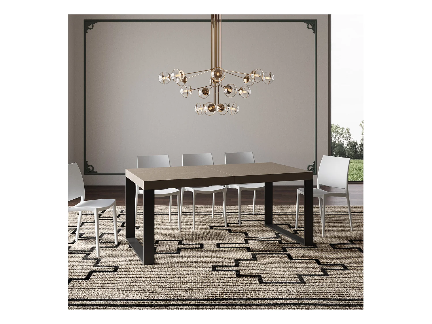 Ausziehbarer Tisch 200/460x90 cm Tecno Premium Taubengrau mit anthrazitfarbenen Beinen