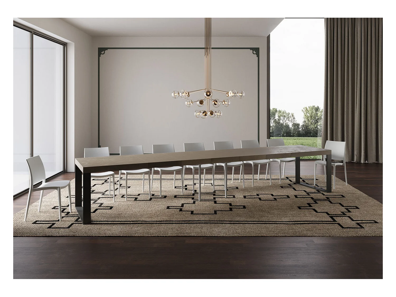 Ausziehbarer Tisch 200/460x90 cm Tecno Premium Taubengrau mit anthrazitfarbenen Beinen