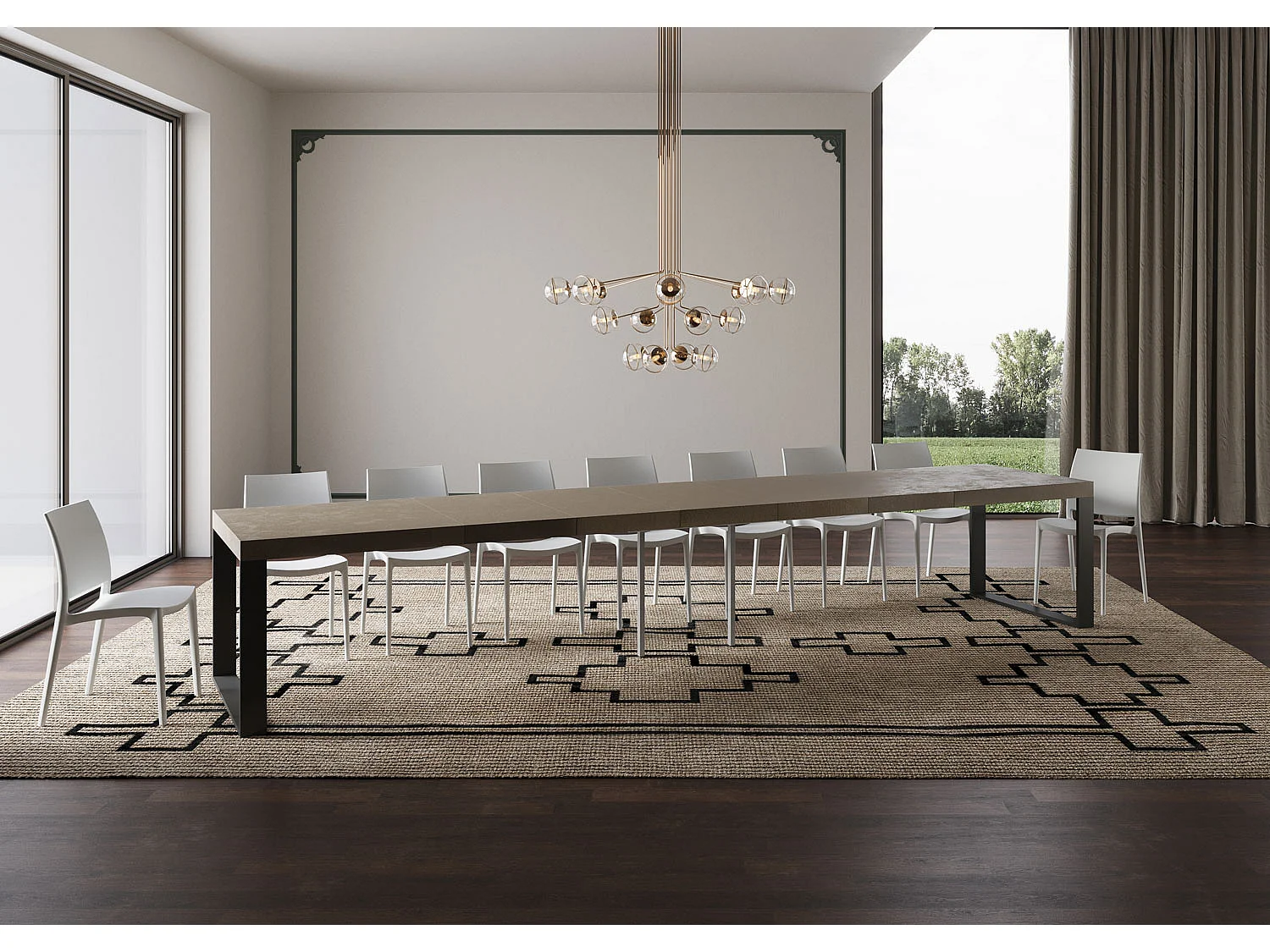 Ausziehbarer Tisch 200/460x90 cm Tecno Premium Taubengrau mit anthrazitfarbenen Beinen