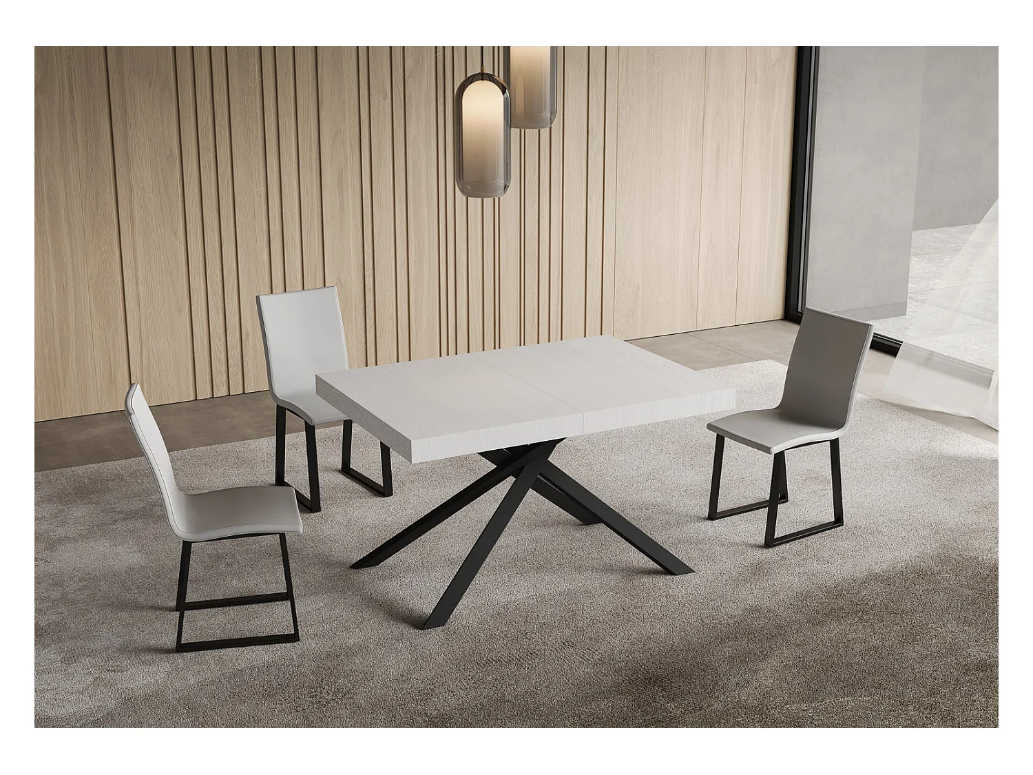 Table extensible 90x120/224 cm Niket frêne blanc pieds anthracite