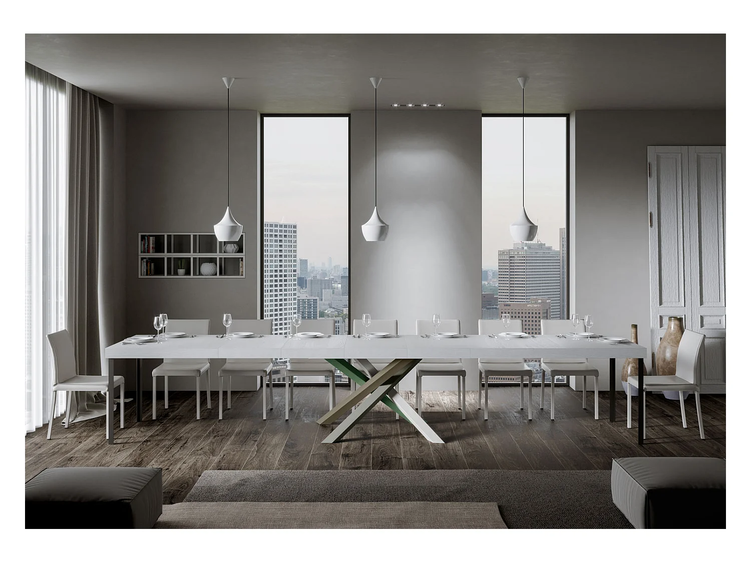 Ausziehtisch 200/304x90 cm Volantis Premium Esche weiß mehrfarbig Beine 4/A