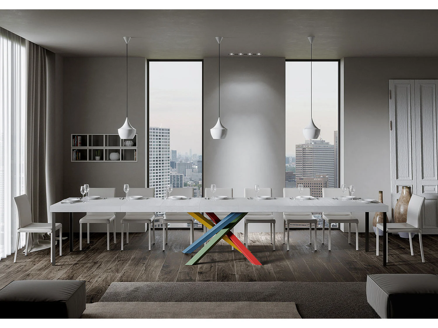 Ausziehtisch 180/440x90 cm Volantis Premium Esche weiß mehrfarbig Beine 4/B