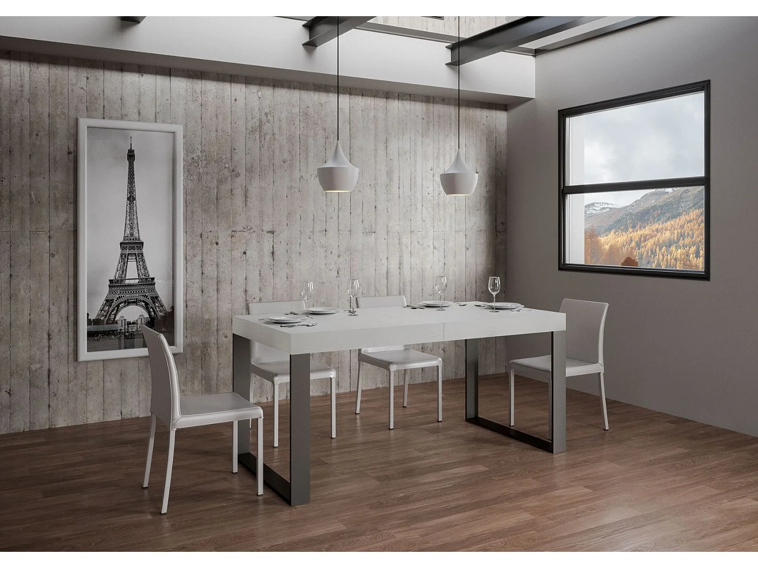 Ausziehtisch 140/400x90 cm Tecno Premium Esche weiß mit anthrazitfarbenen Beinen