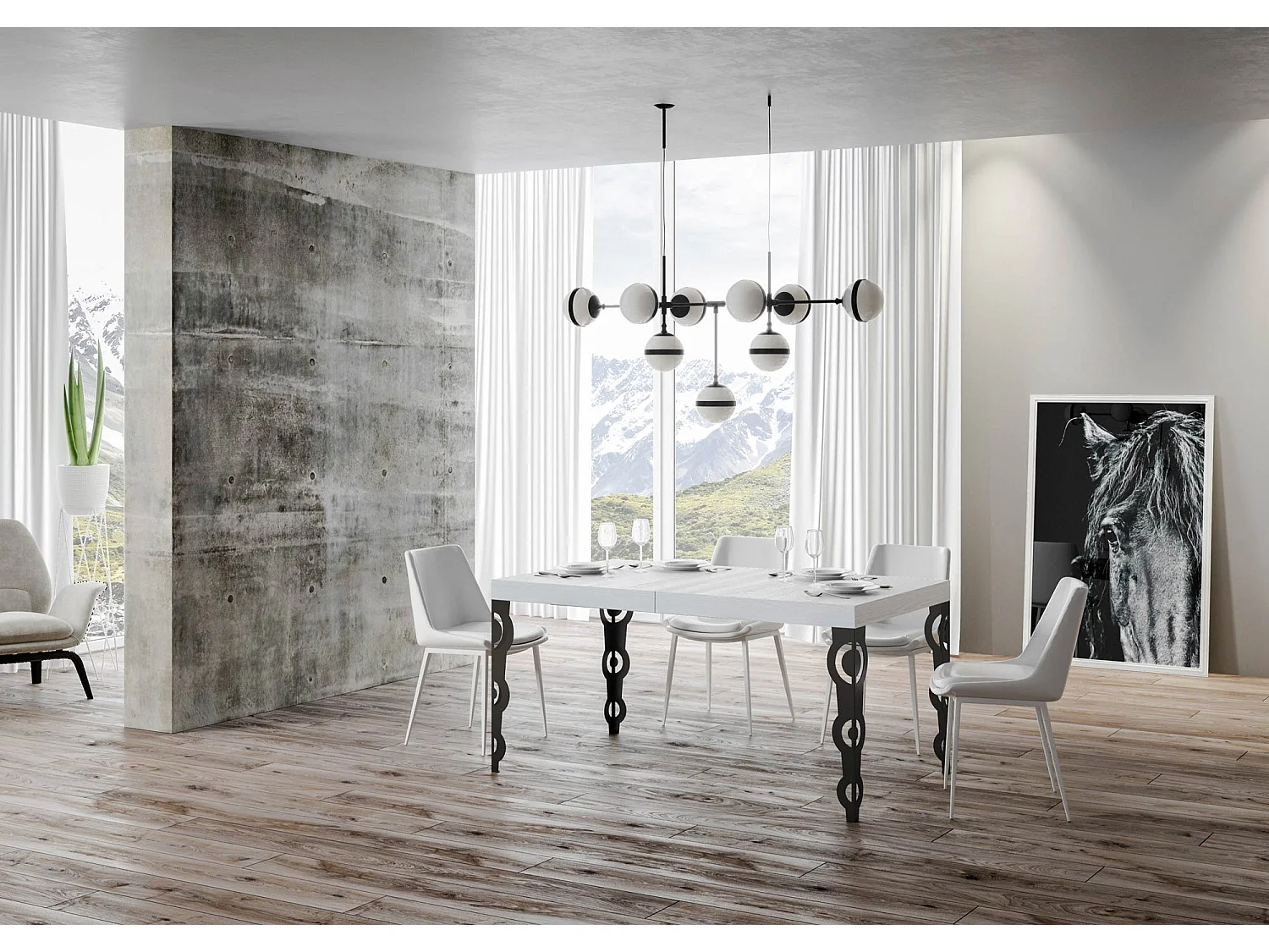 Table extensible 90x200/460 cm Karamay Premium Frêne Blanc cadre Anthracite