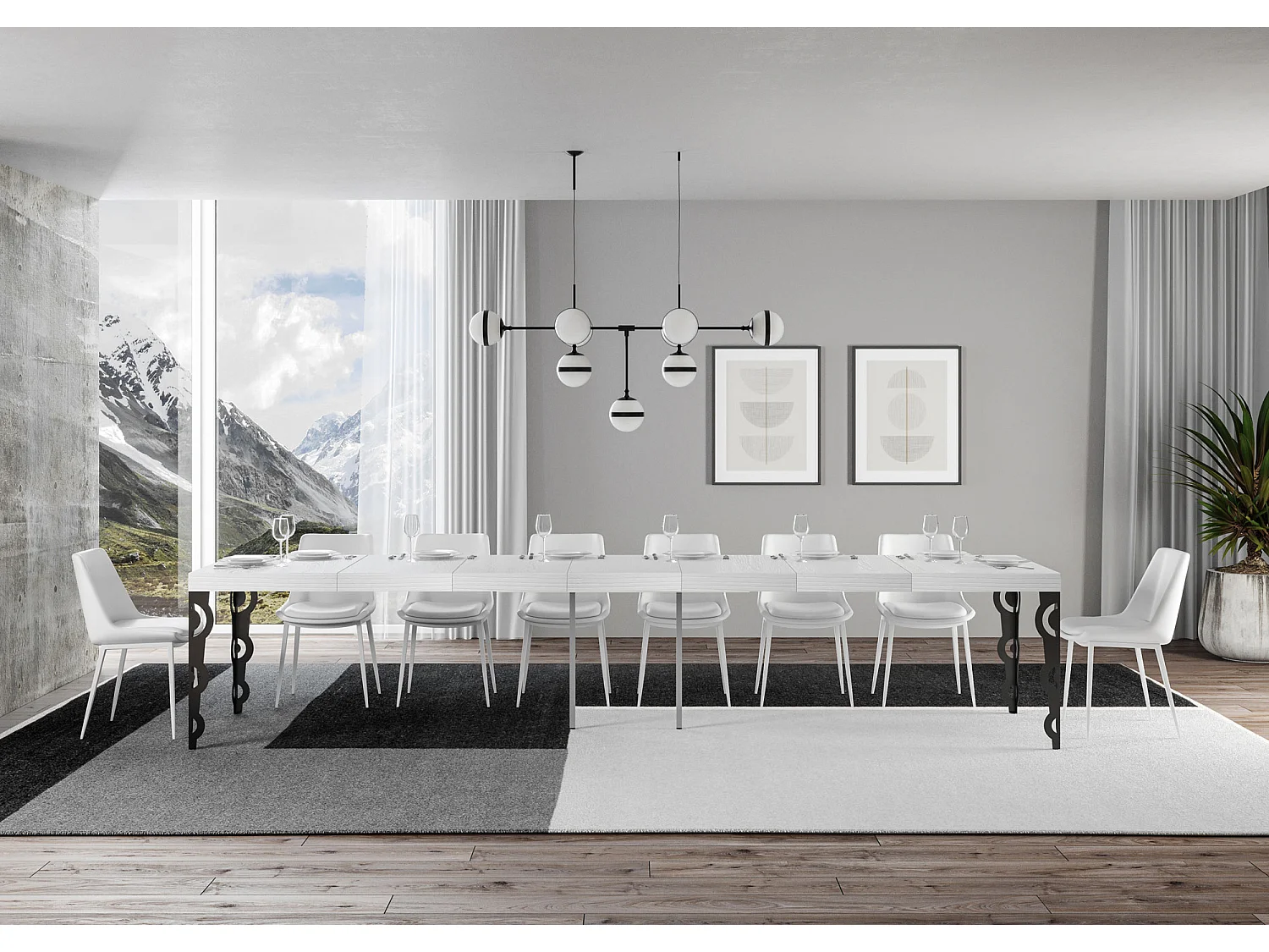 Table extensible 90x200/460 cm Karamay Premium Frêne Blanc cadre Anthracite