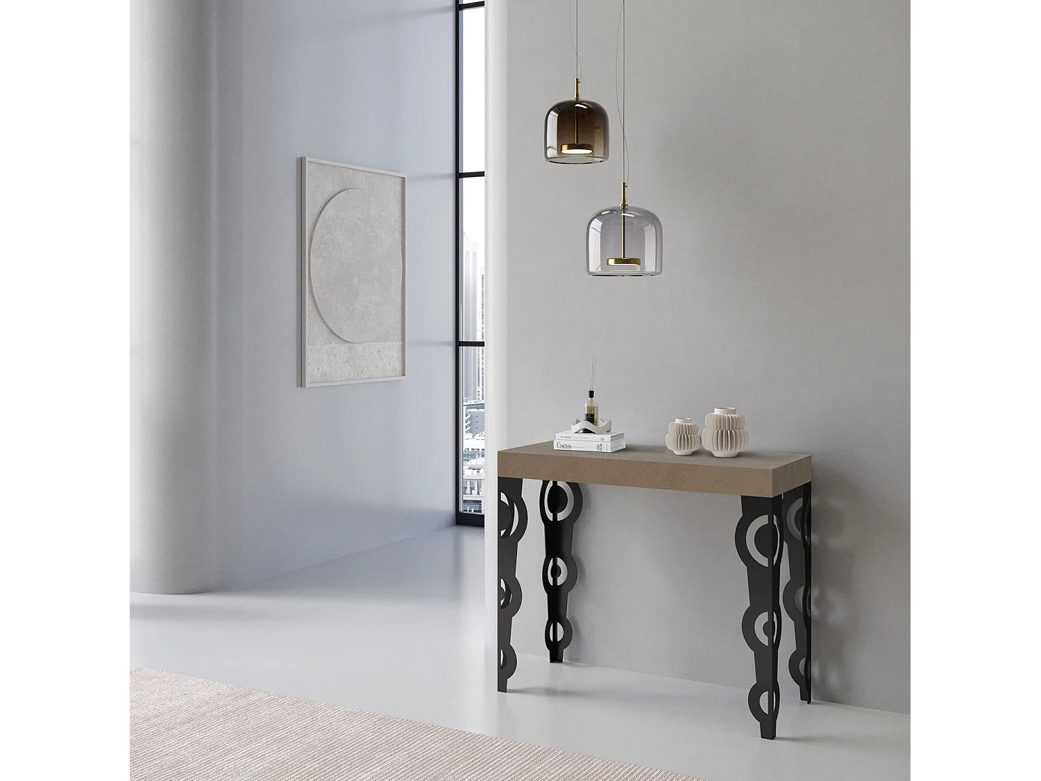 Console extensible 90x40/300 cm Karamay Premium Taupe cadre Anthracite