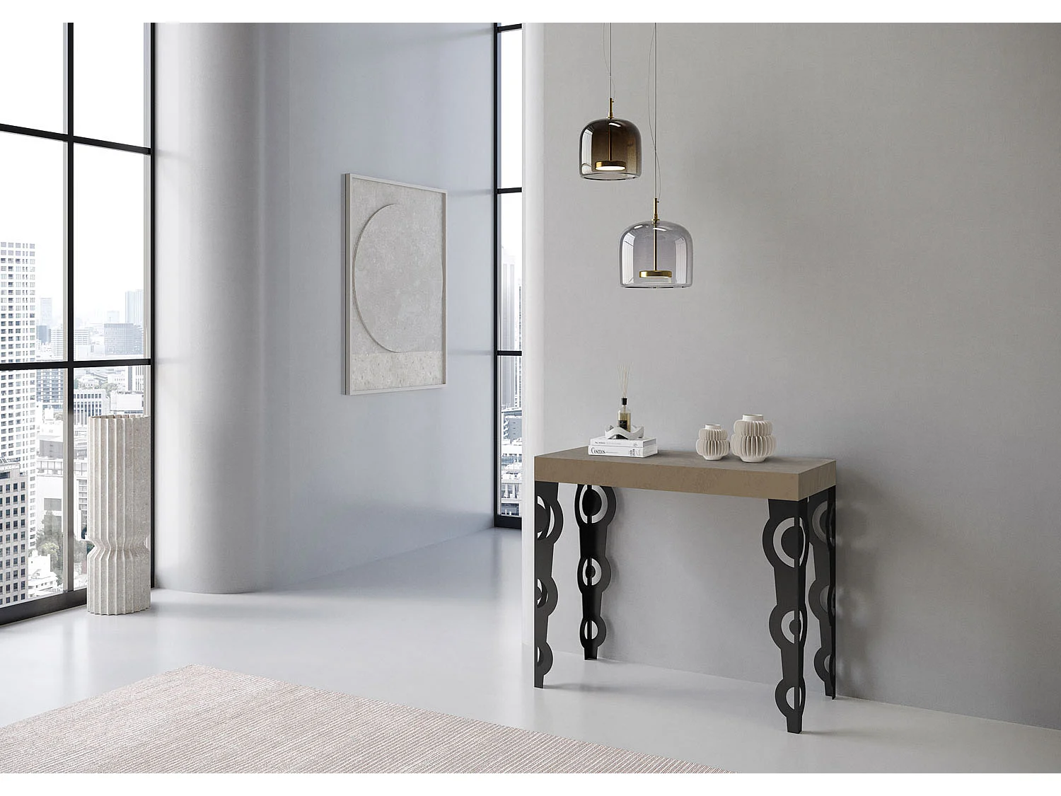 Consola extensible 90x40/196 cm Karamay Small Premium Gris Paloma estructura Antracita