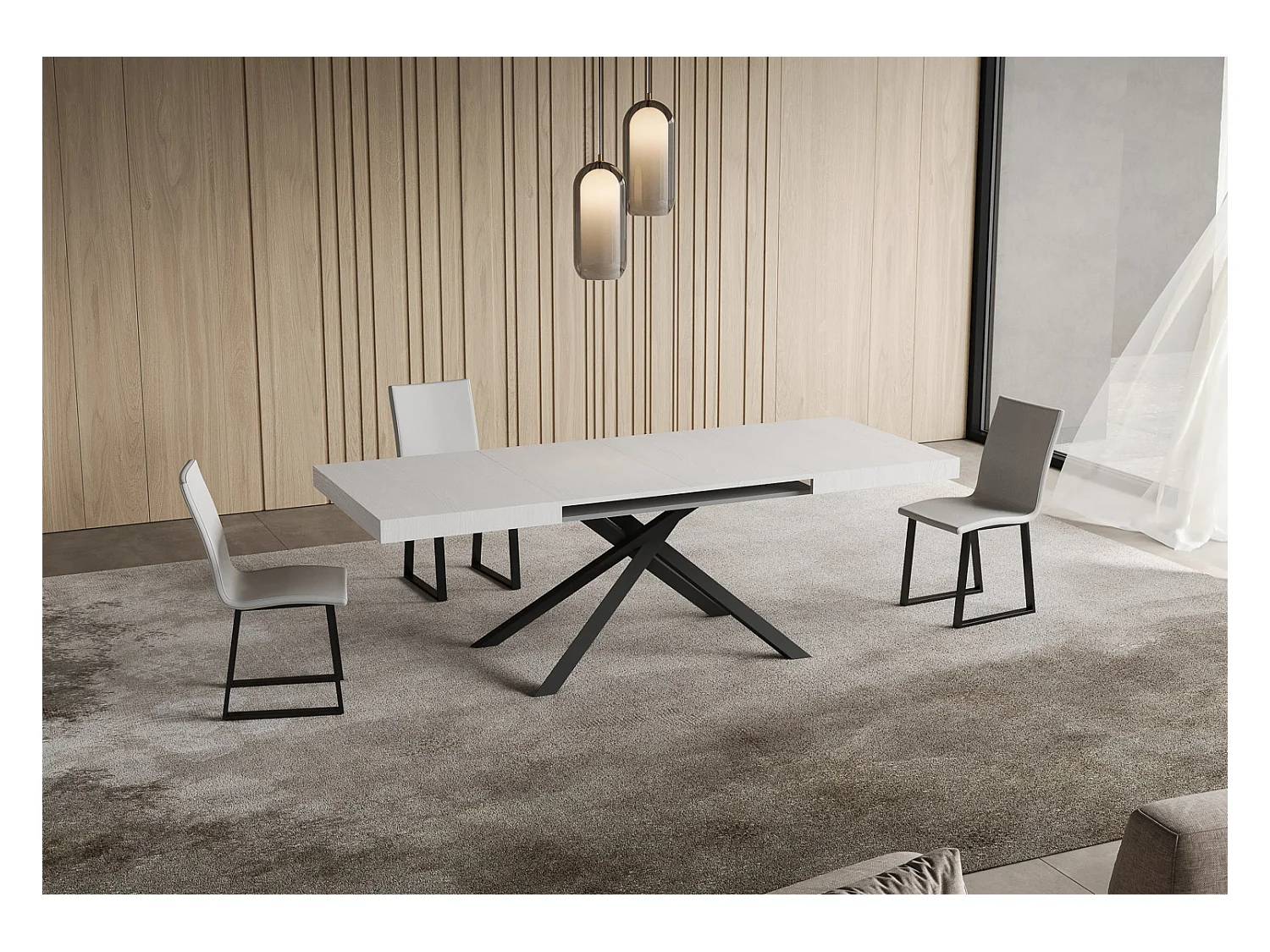 Niket Ausziehtisch 120/380x90 cm, Esche weiß, Beine anthrazit