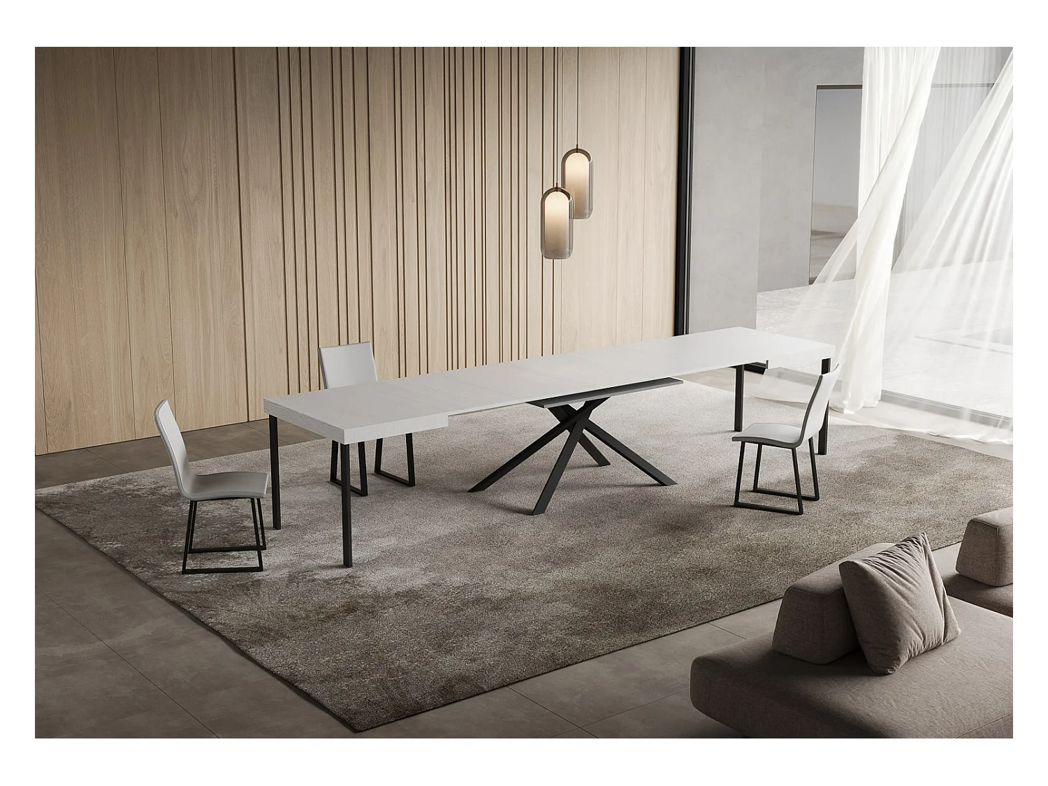 Niket Ausziehtisch 120/380x90 cm, Esche weiß, Beine anthrazit