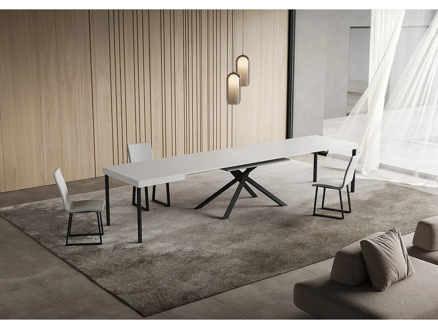 Niket Ausziehtisch 120/380x90 cm, Esche weiß, Beine anthrazit