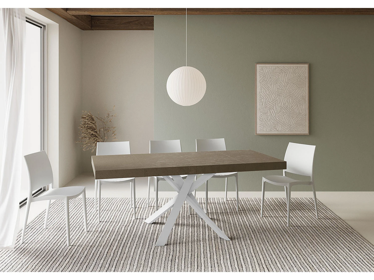 Table extensible 90x90/194 cm Clerk Premium Taupe pieds Blancs