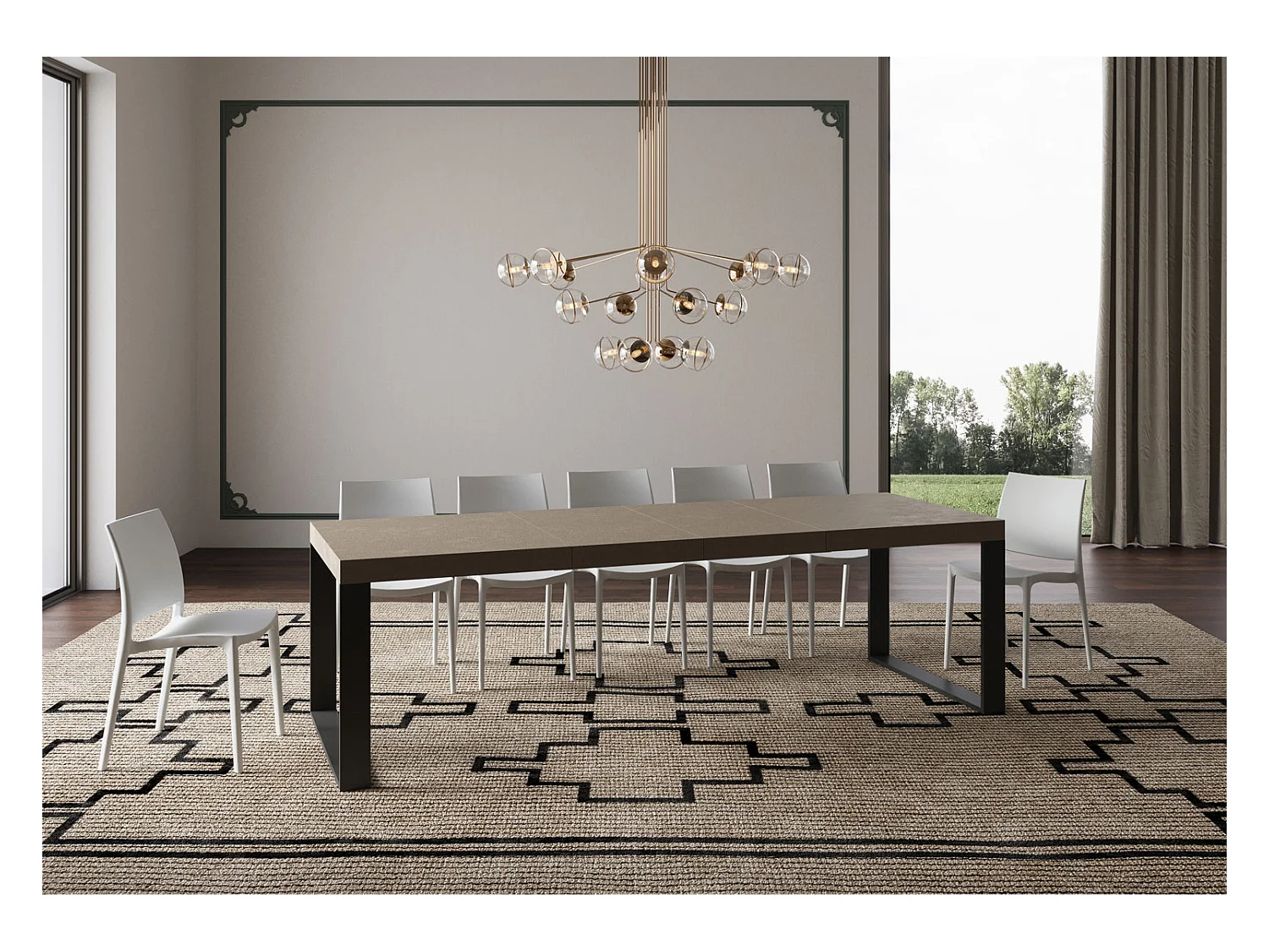 Ausziehbarer Tisch 200/304x90 cm Tecno Premium Taubengrau mit anthrazitfarbenen Beinen