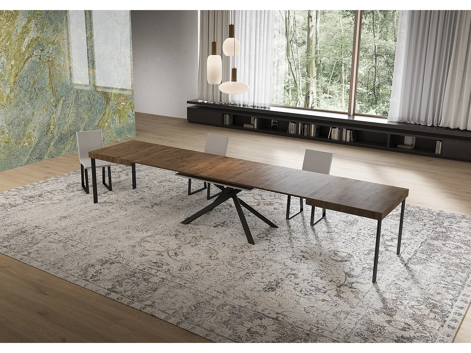 Niket udtræksbord i valnød 160/420x90 cm med antracitgrå ben