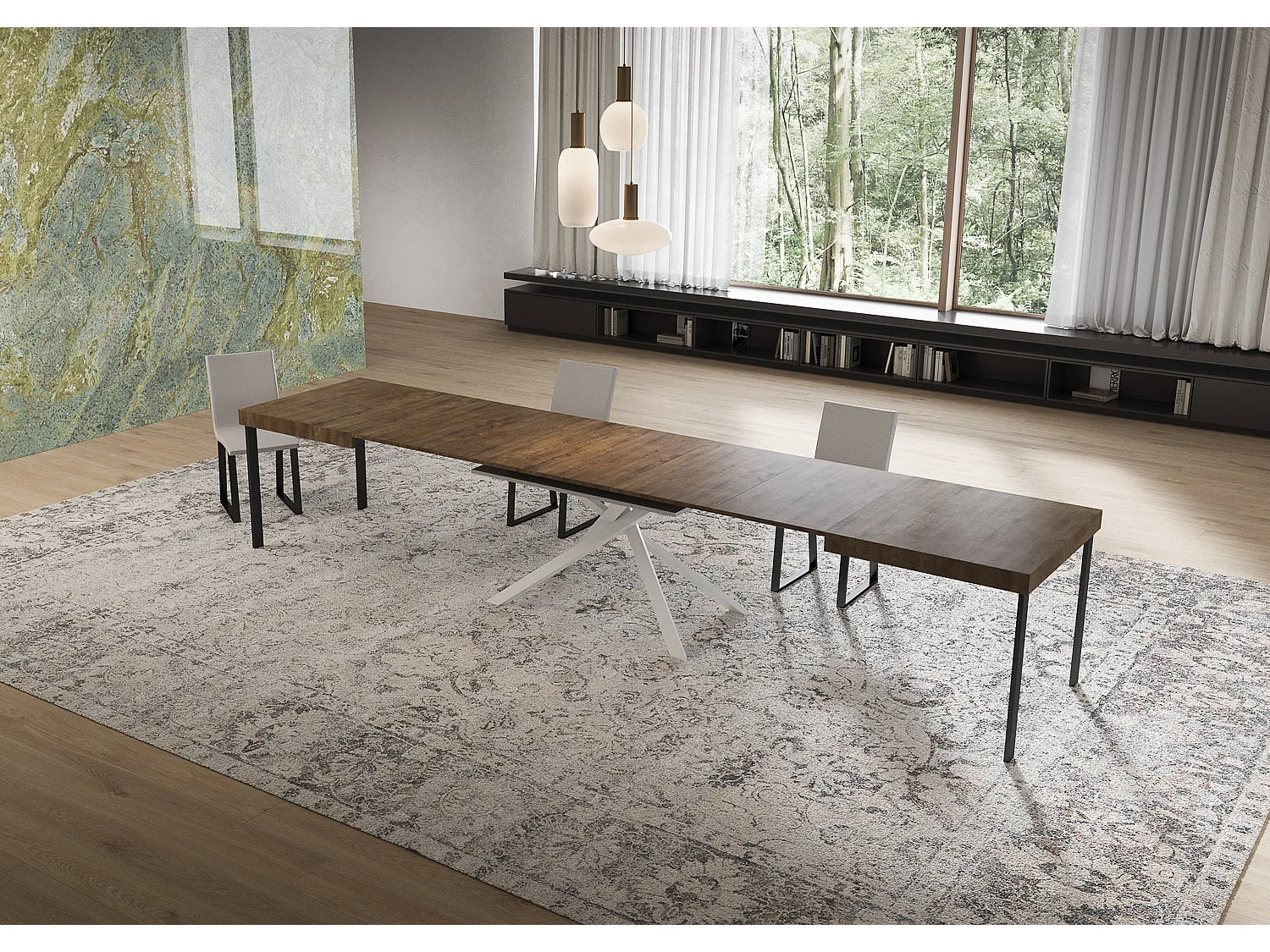 Niket udtræksbord i valnød 160/420x90 cm med hvide ben