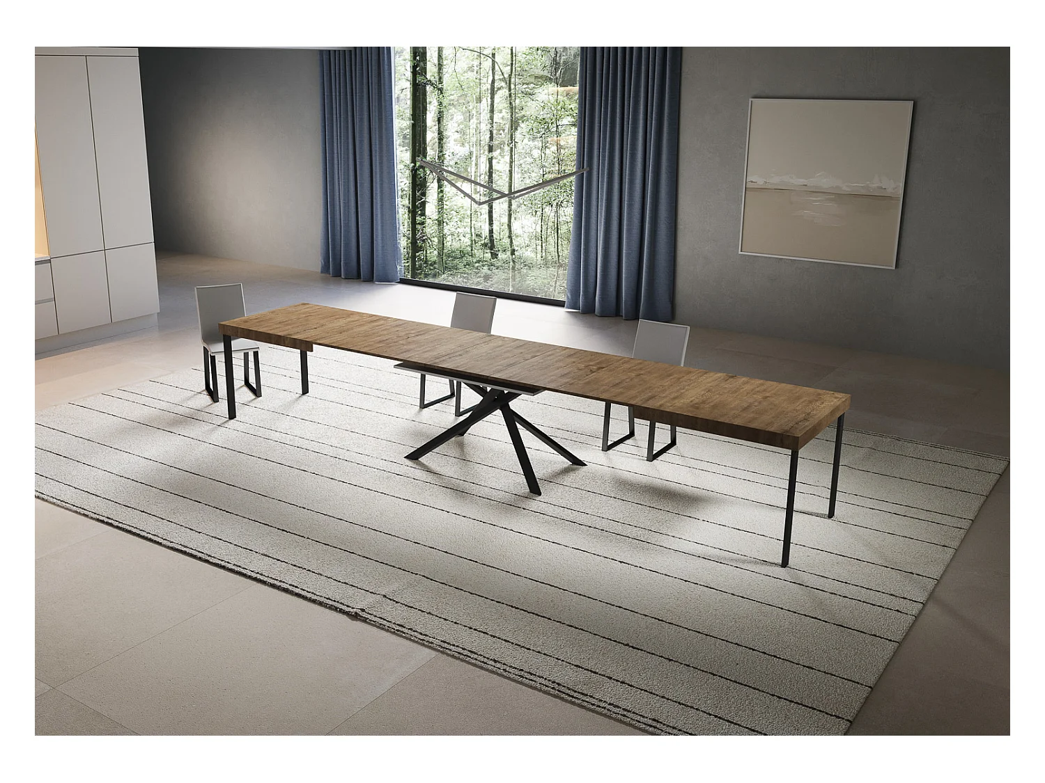 Niket ausziehbarer Nussbaumtisch 180/440x90 cm mit anthrazitfarbenen Beinen