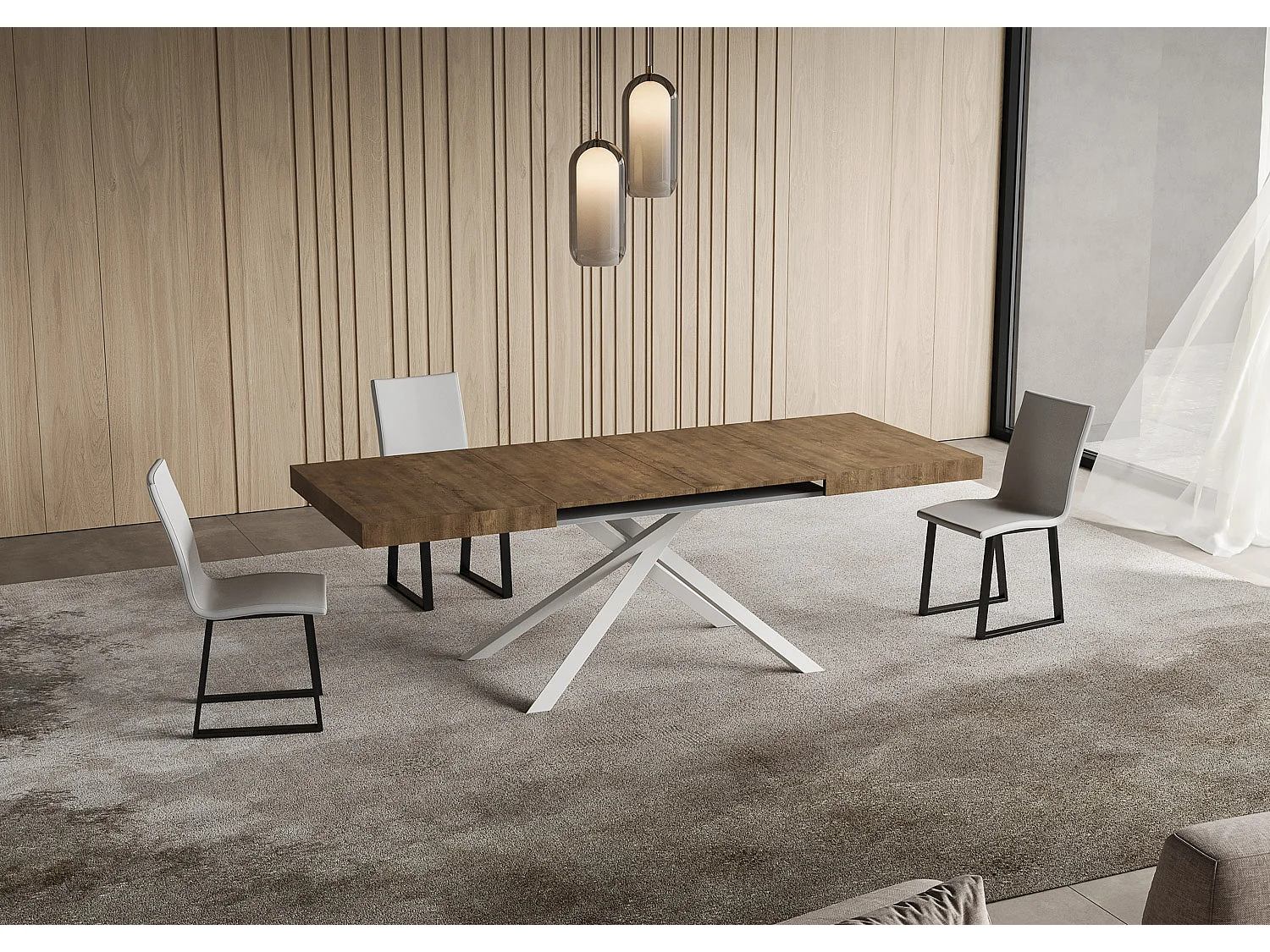 Mesa extensible 80x120/204 cm Niket nogal patas blanca