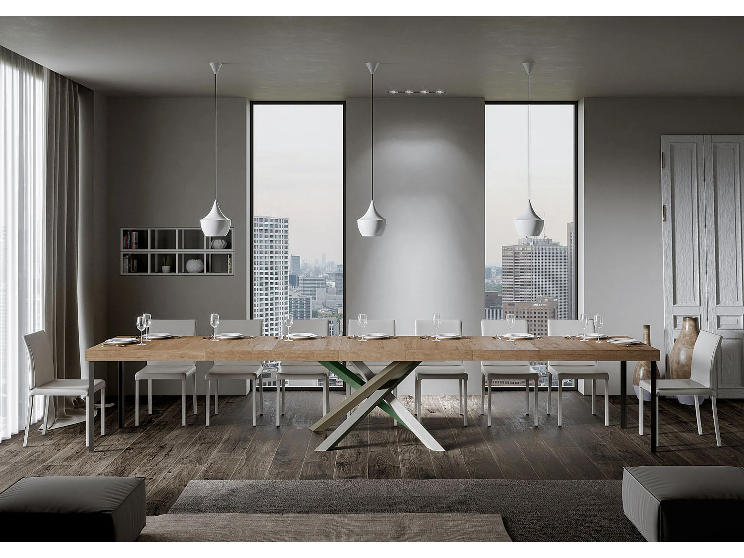 Udtræksbord 160/420x90 cm Volantis Premium ben i naturlig eg med flerfarvede 4/A