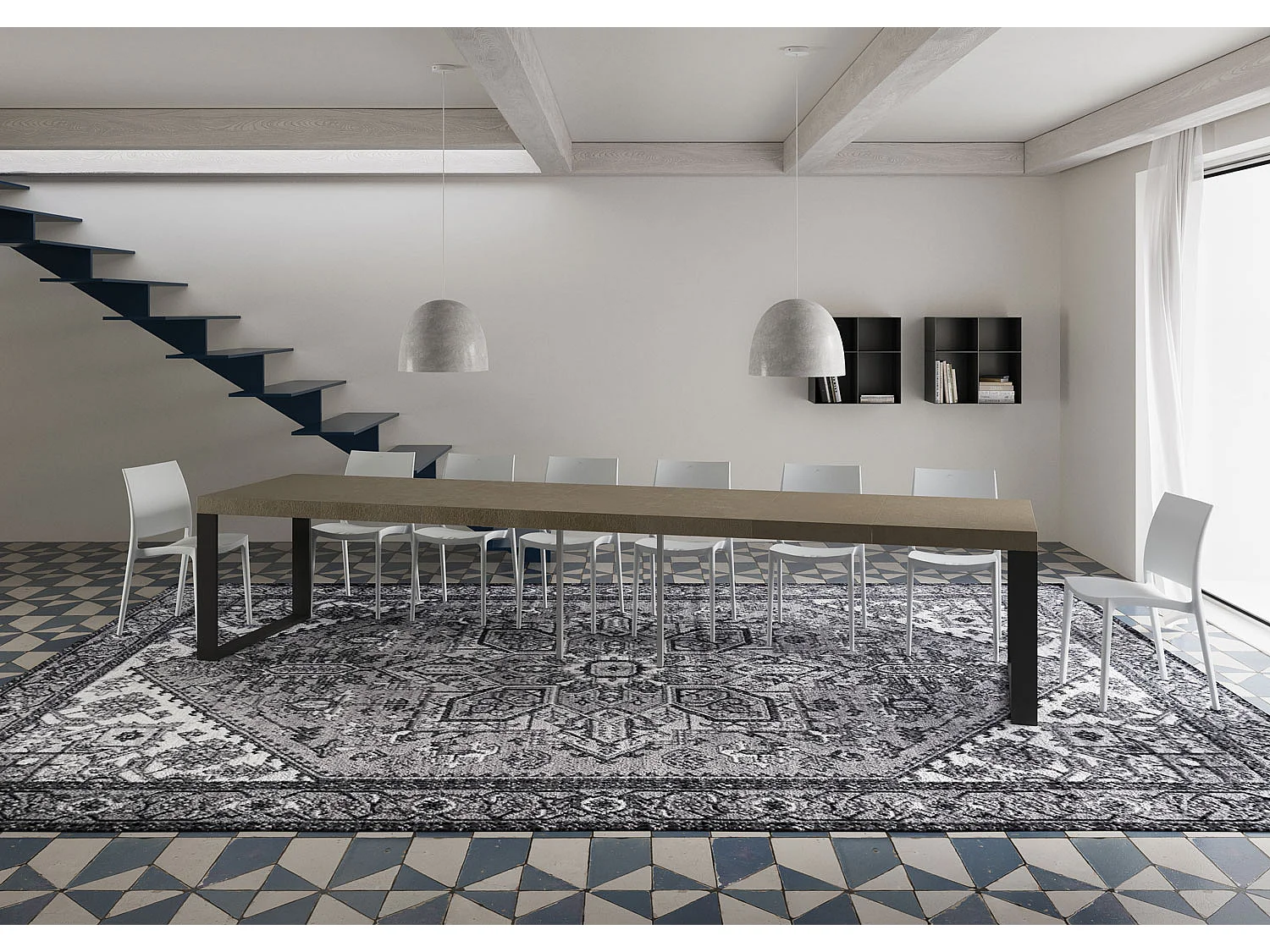 Ausziehbarer Tisch Tecno Premium 140/400x90 cm mit taubengrauen und anthrazitfarbenen Beinen