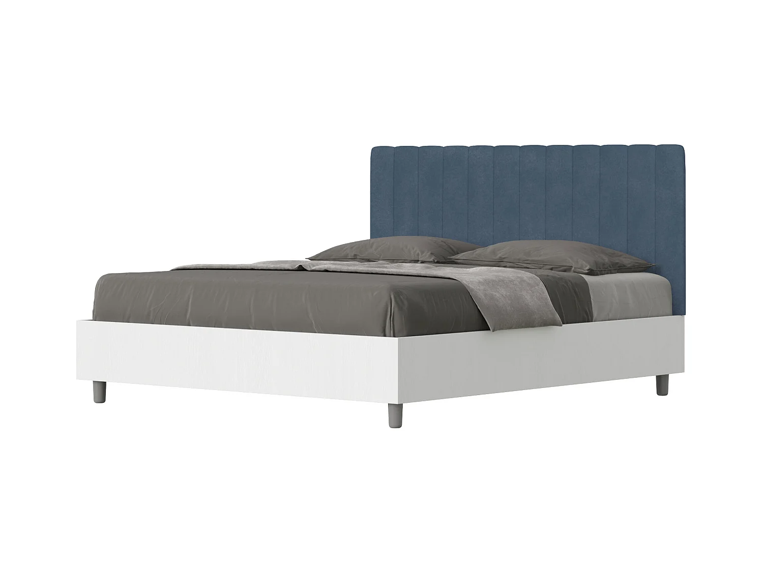 Lit double conteneur 160x200 frêne blanc avec tête de lit microfibre bleu Kaia