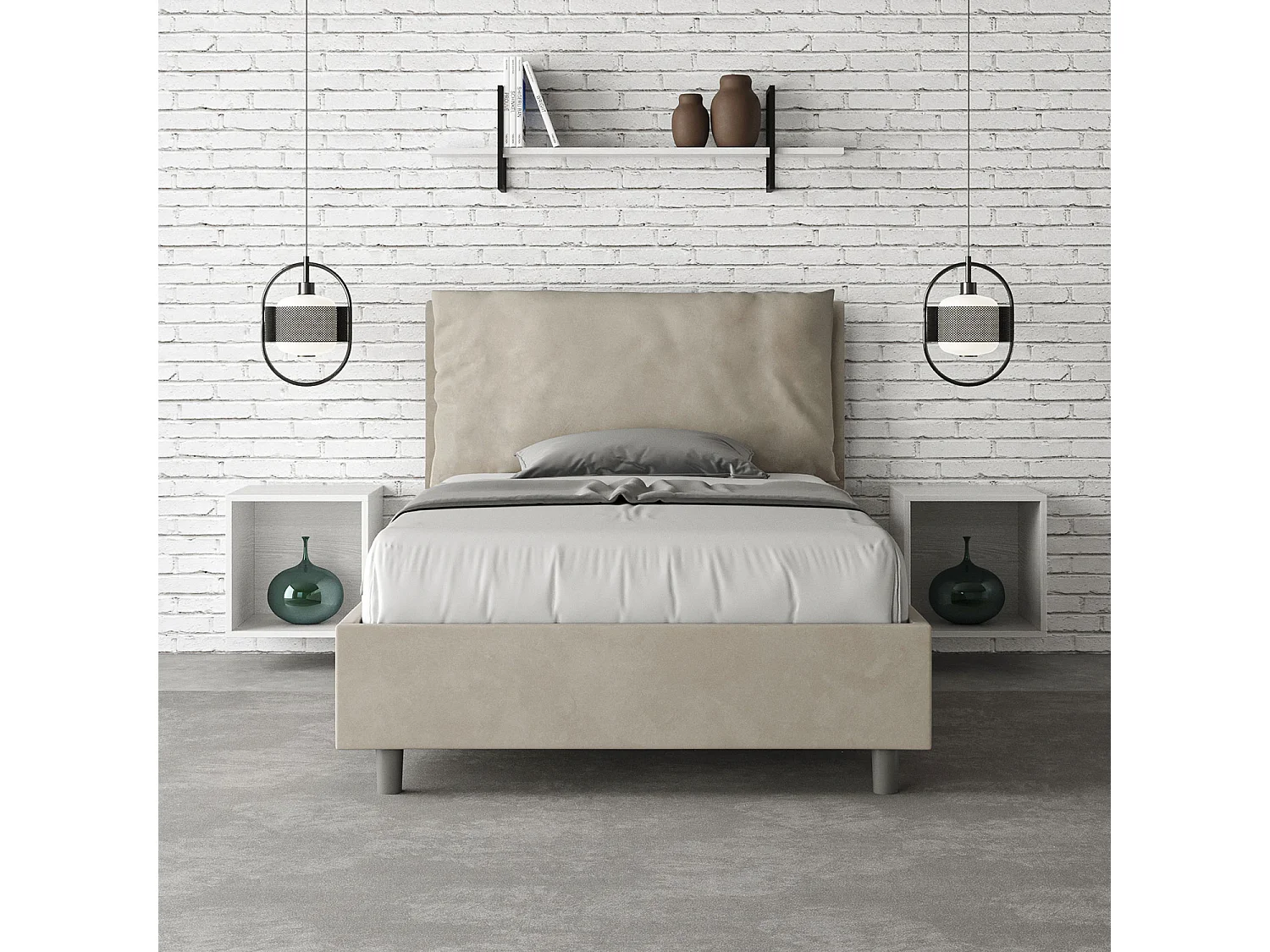 Letto una piazza e mezza contenitore imbottito 130x190 microfibra sabbia Antea Large