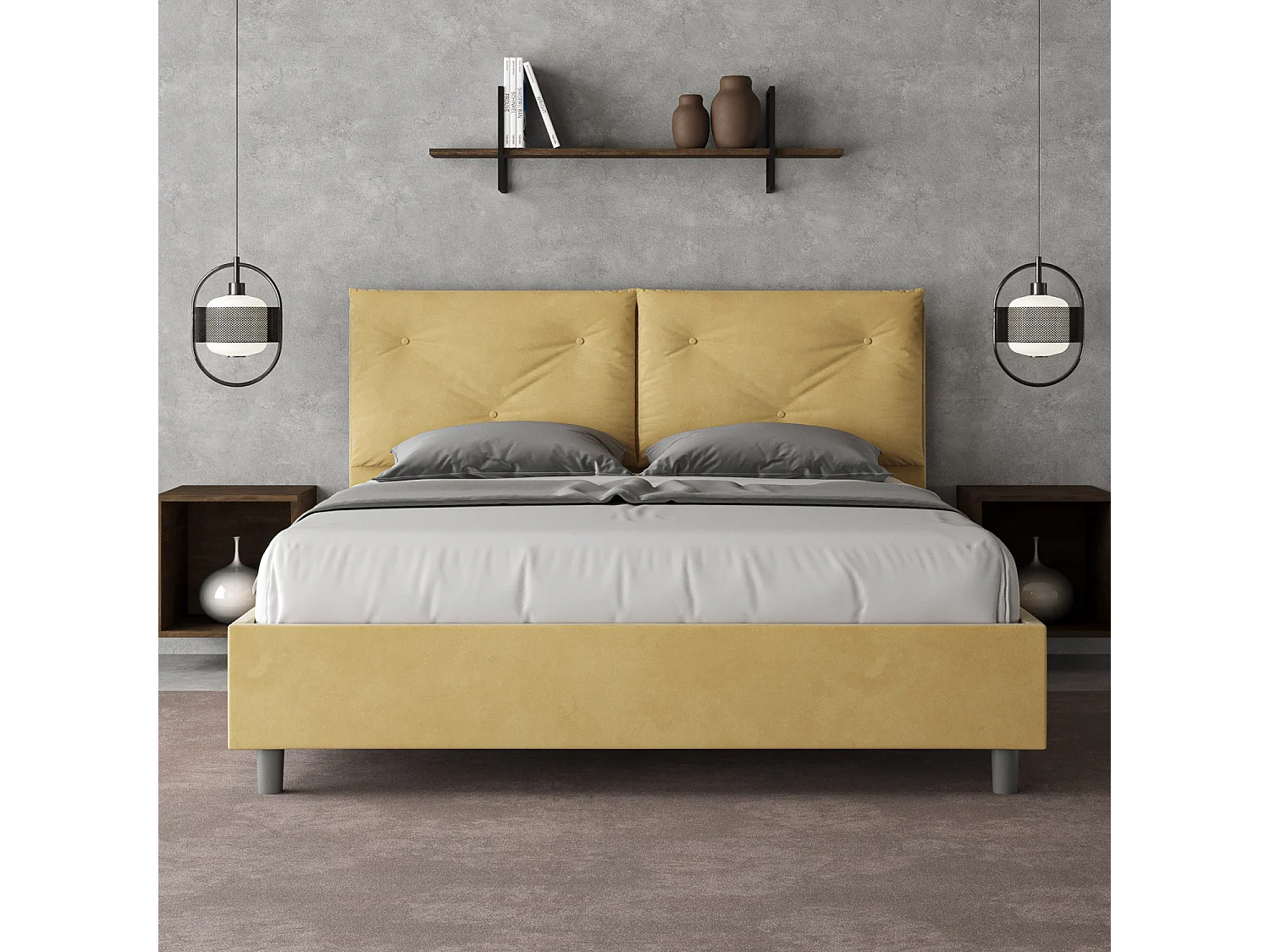 Cama con almacenaje acolchada 150x200 microfibra ocre Appia Large