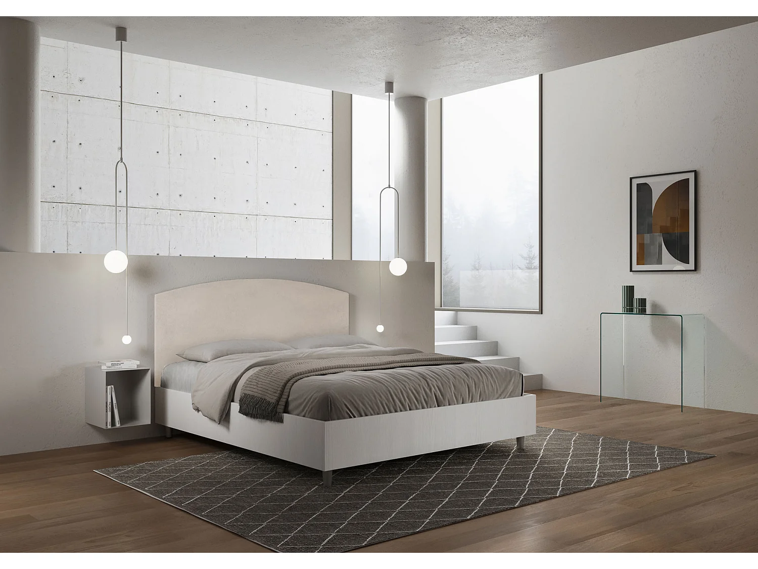 Cama doble contenedor 160x200 fresno blanco Antilia cabecero microfibra arena