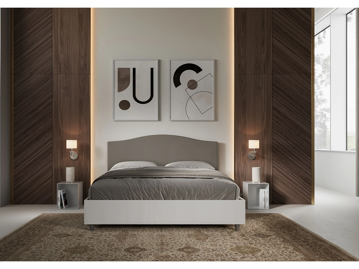 Letto matrimoniale contenitore doppia alzata 160x200 bianco frassino testata similpelle cappuccino Grace