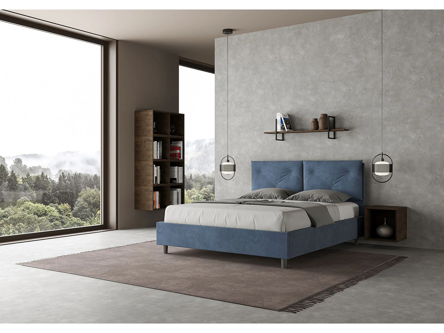 Cama con almacenaje acolchada 150x200 microfibra azul Appia Large