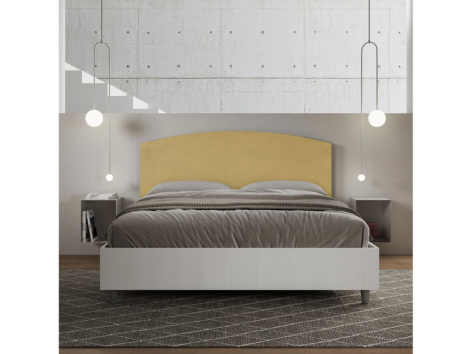 Letto matrimoniale contenitore doppia alzata 160x190 bianco frassino testata microfibra ocra Antilia
