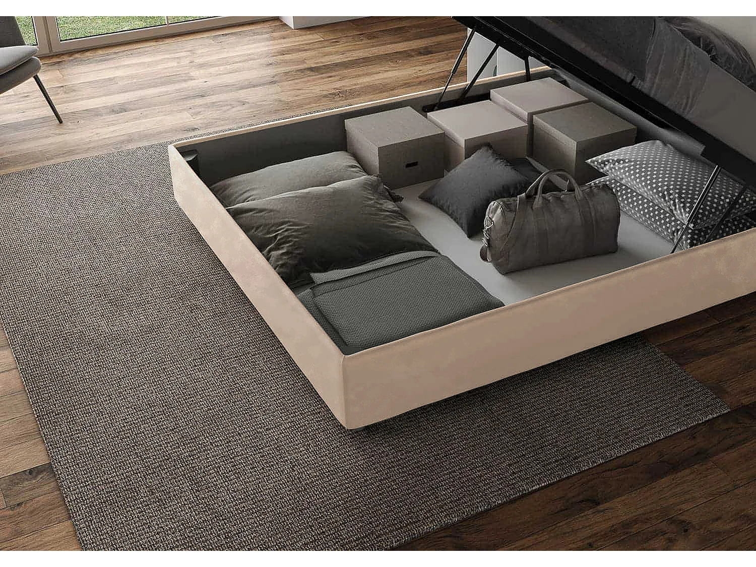 Cama con almacenaje acolchada 150x190 microfibra arena Antea Large