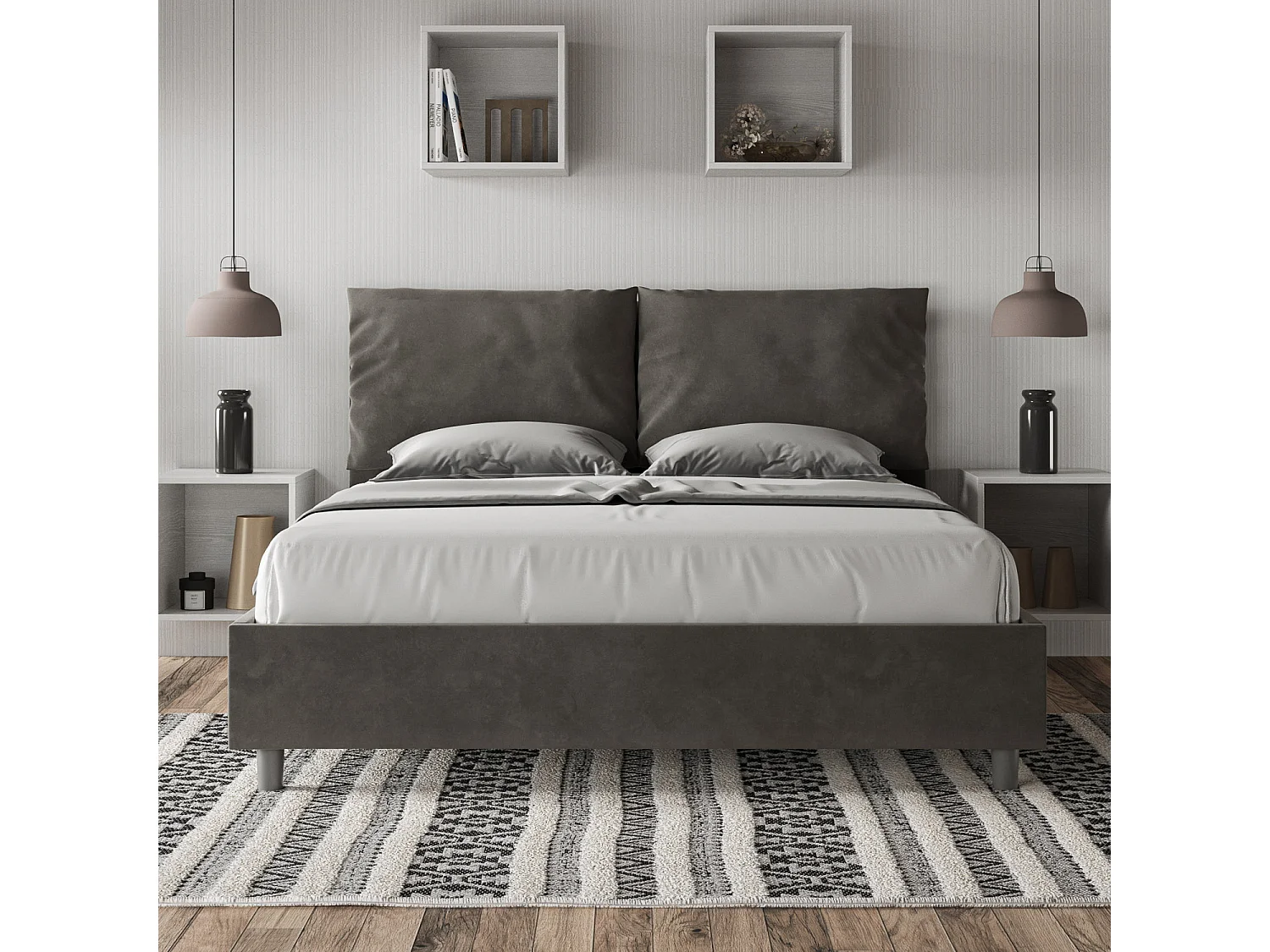 Letto queen size contenitore imbottito 150x190 microfibra grigio Antea Large