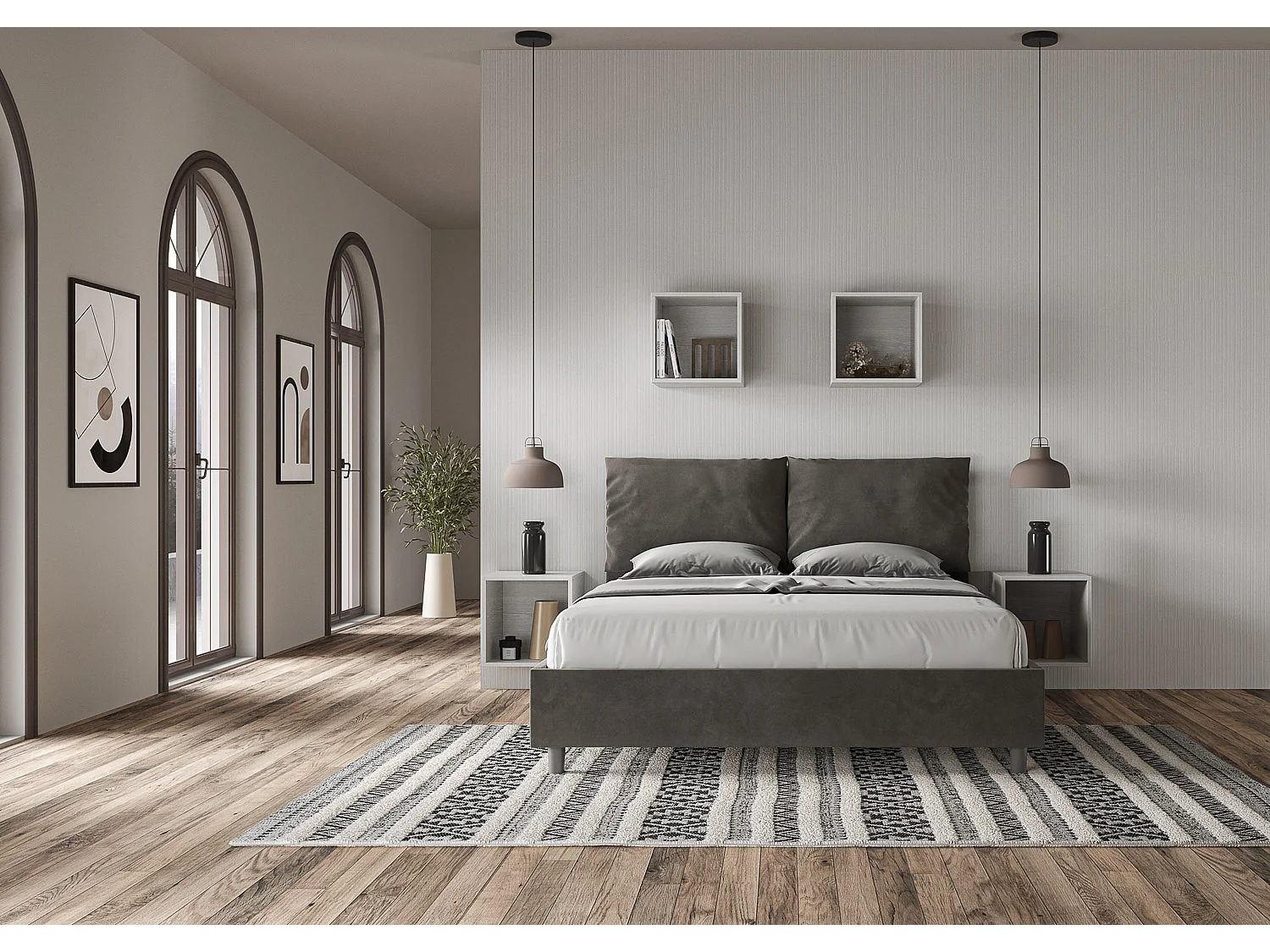 Letto queen size contenitore imbottito 150x190 microfibra grigio Antea Large