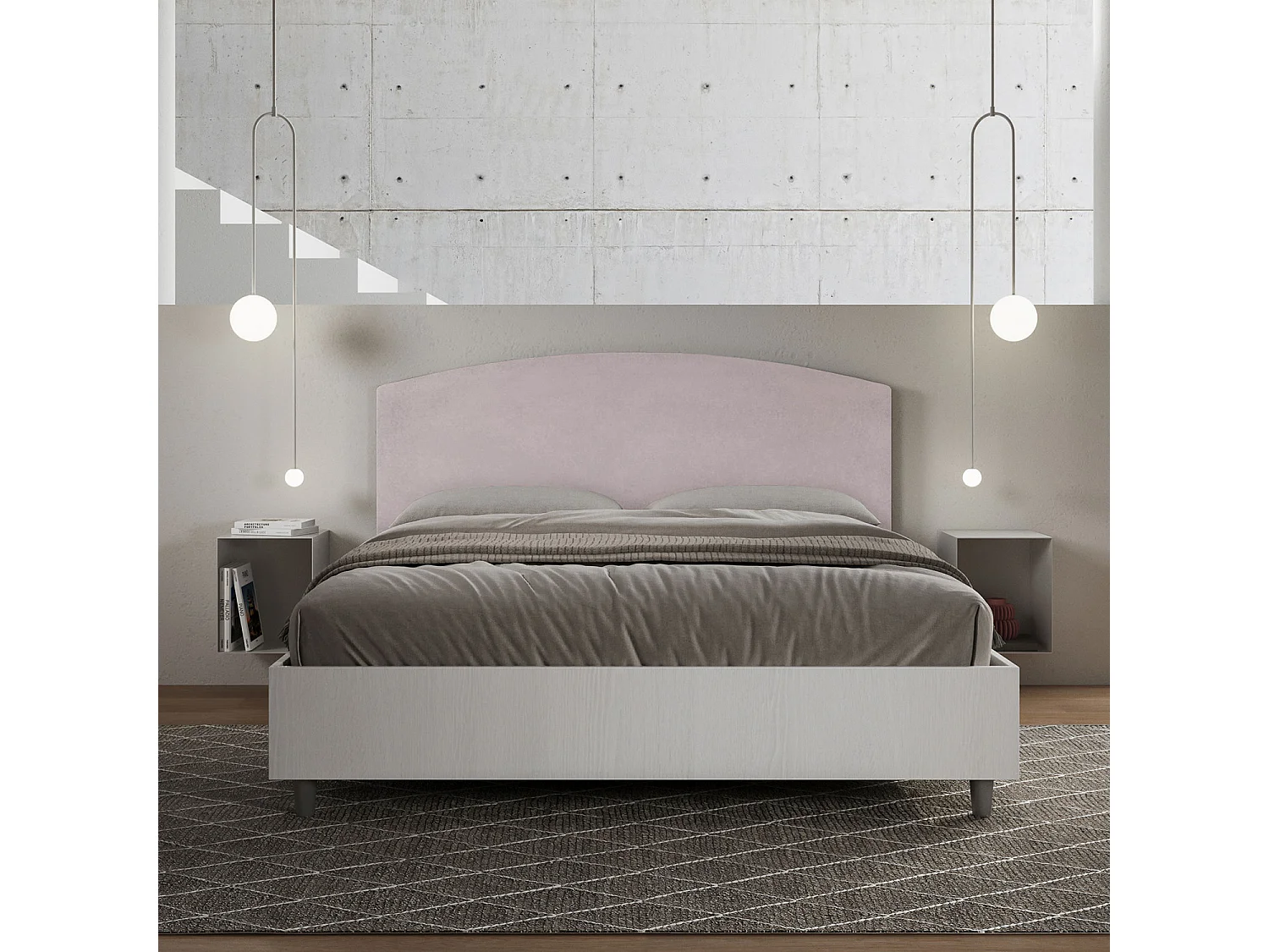 Letto matrimoniale contenitore doppia alzata 160x200 bianco frassino testata microfibra glicine Antilia