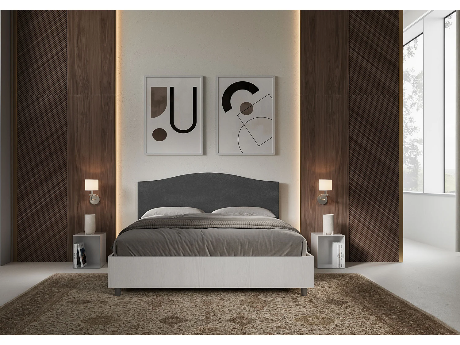 Lit double avec double conteneur surélevé 160x190 frêne blanc avec tête de lit en microfibre grise Grace