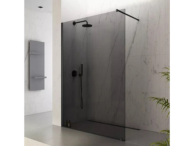 Parete walk-in 80 cm con vetro fume’ 8mm H 200 cm anticalcare reversibile con barra stabilizzatrice regolabile