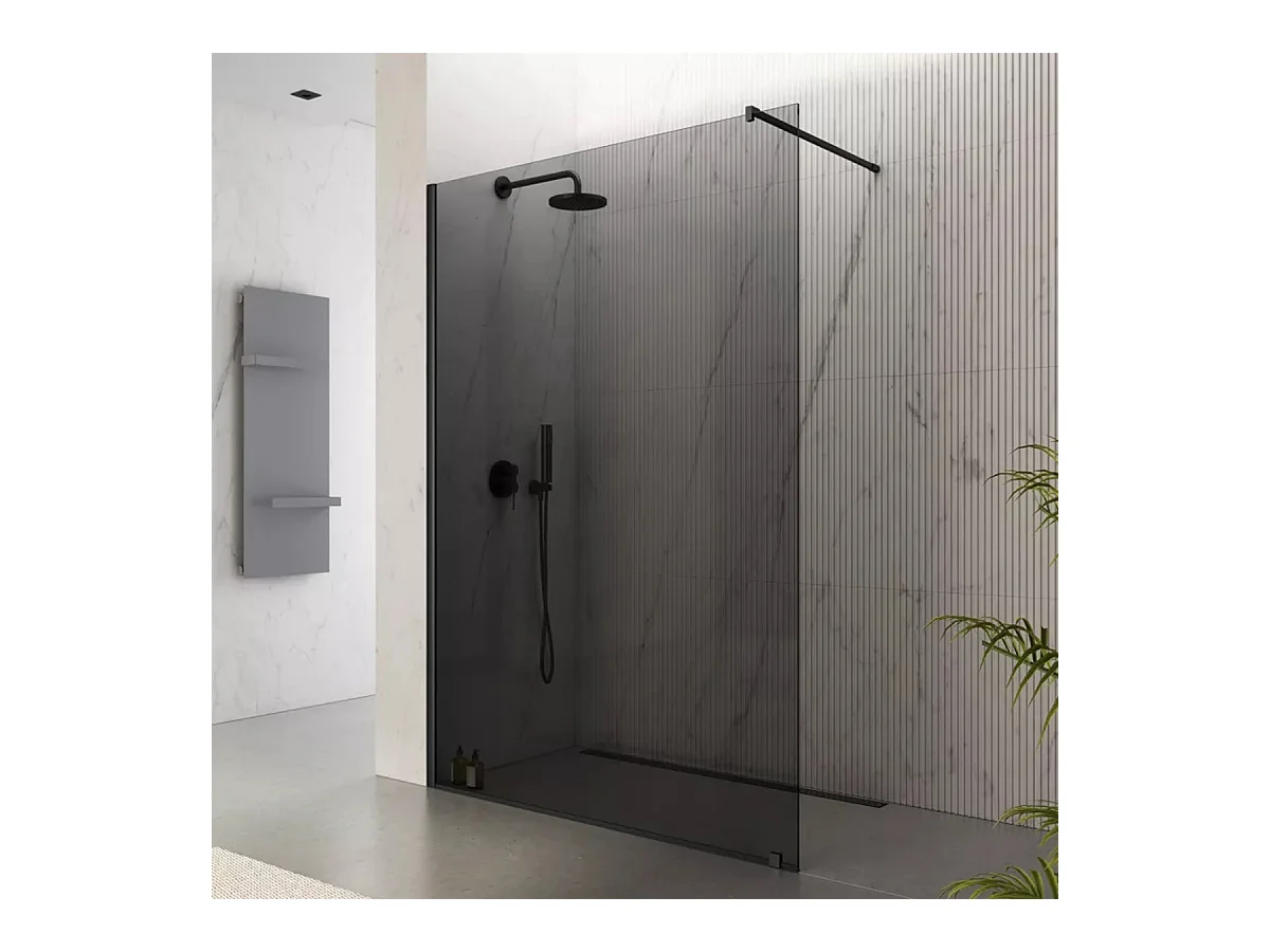 Parete walk-in 140cm con vetro fume’ 8mm H 200 cm anticalcare reversibile con barra stabilizzatrice regolabile