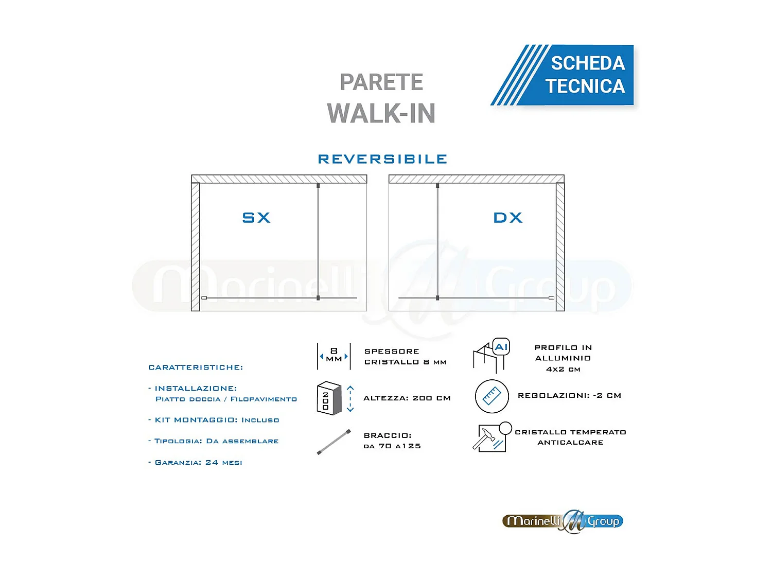 Parete walk-in 80 cm con vetro specchiato 8mm H 200 cm anticalcare reversibile con barra stabilizzatrice regolabile