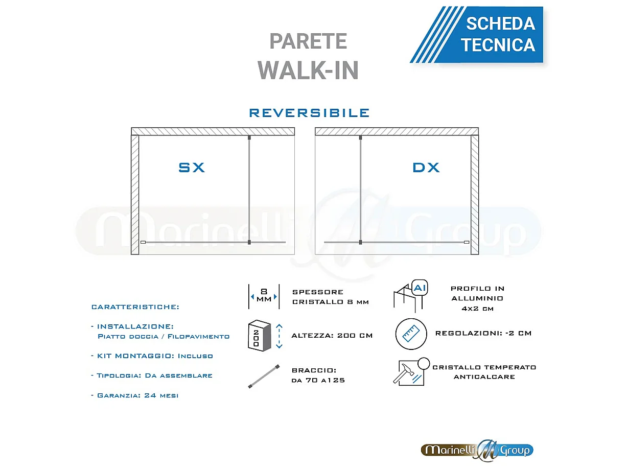 Parete walk-in 90 cm con vetro fume’ 8mm H 200 cm anticalcare reversibile con barra stabilizzatrice regolabile