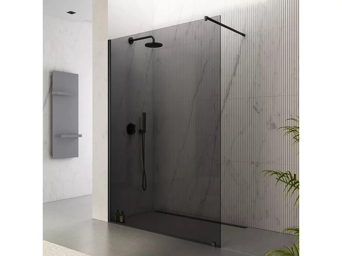 Parete walk-in 90 cm con vetro fume’ 8mm H 200 cm anticalcare reversibile con barra stabilizzatrice regolabile