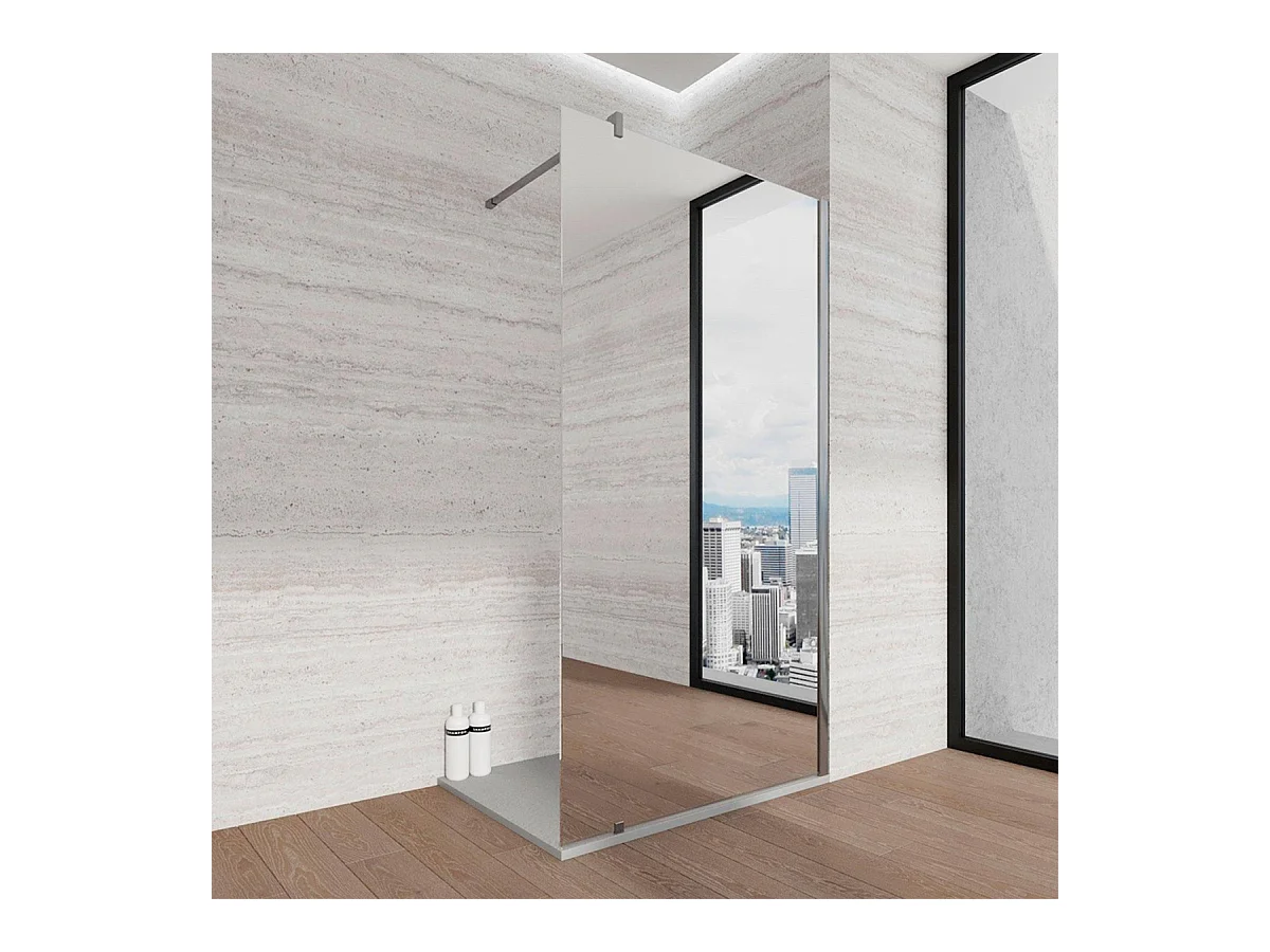 Parete walk-in 140cm con vetro specchiato 8mm H 200 cm anticalcare reversibile con barra stabilizzatrice regolabile