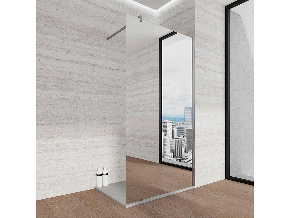 Parete walk-in 140cm con vetro specchiato 8mm H 200 cm anticalcare reversibile con barra stabilizzatrice regolabile